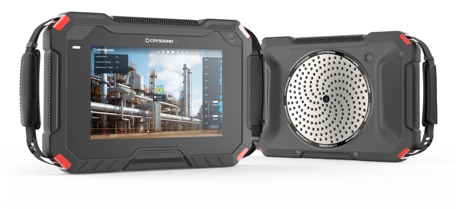Câmera acústica CrySound, vista da tela com o mapa de um vazamento sobre a imagem de uma planta industrial e vista de trás com o arranjo de microfones