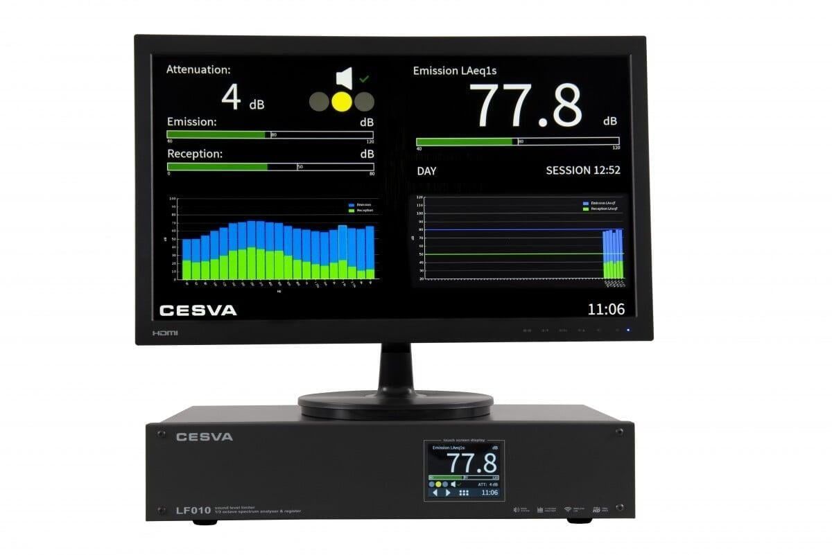 Limitador acústico CESVA LF010 com o monitor que mostra o nível e o espectro