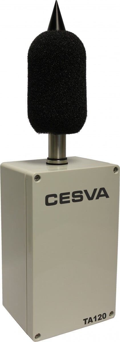 Monitor de ruído CESVA TA120, caixa cinza com o microfone e o protetor de vento no alto