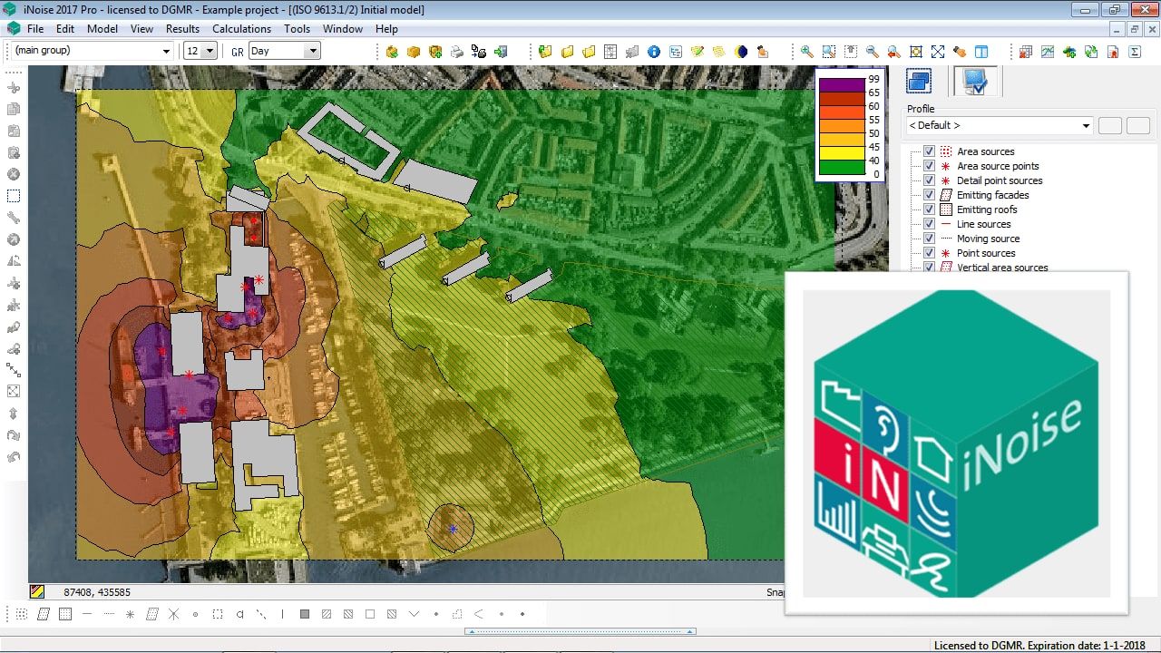 Tela do software iNoise com o mapa de ruído colorido sobre a vista aérea de uma área industrial, e o logotipo do programa