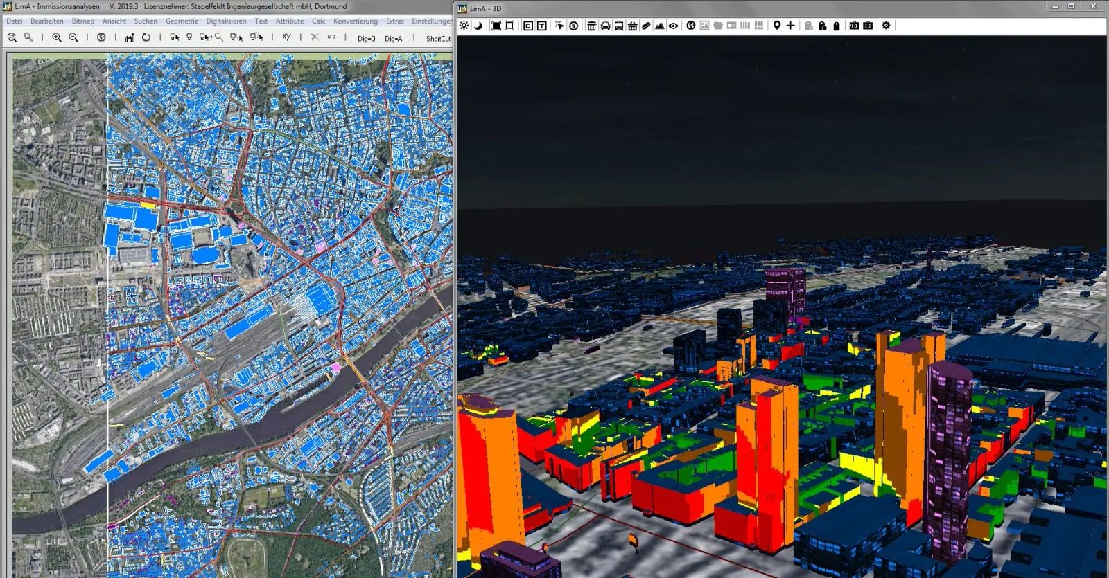 Tela do software LimA com a planta de uma cidade sobre a foto aérea e, ao lado, o modelo 3D dos prédios coloridos pelos níveis de ruído nas fachadas